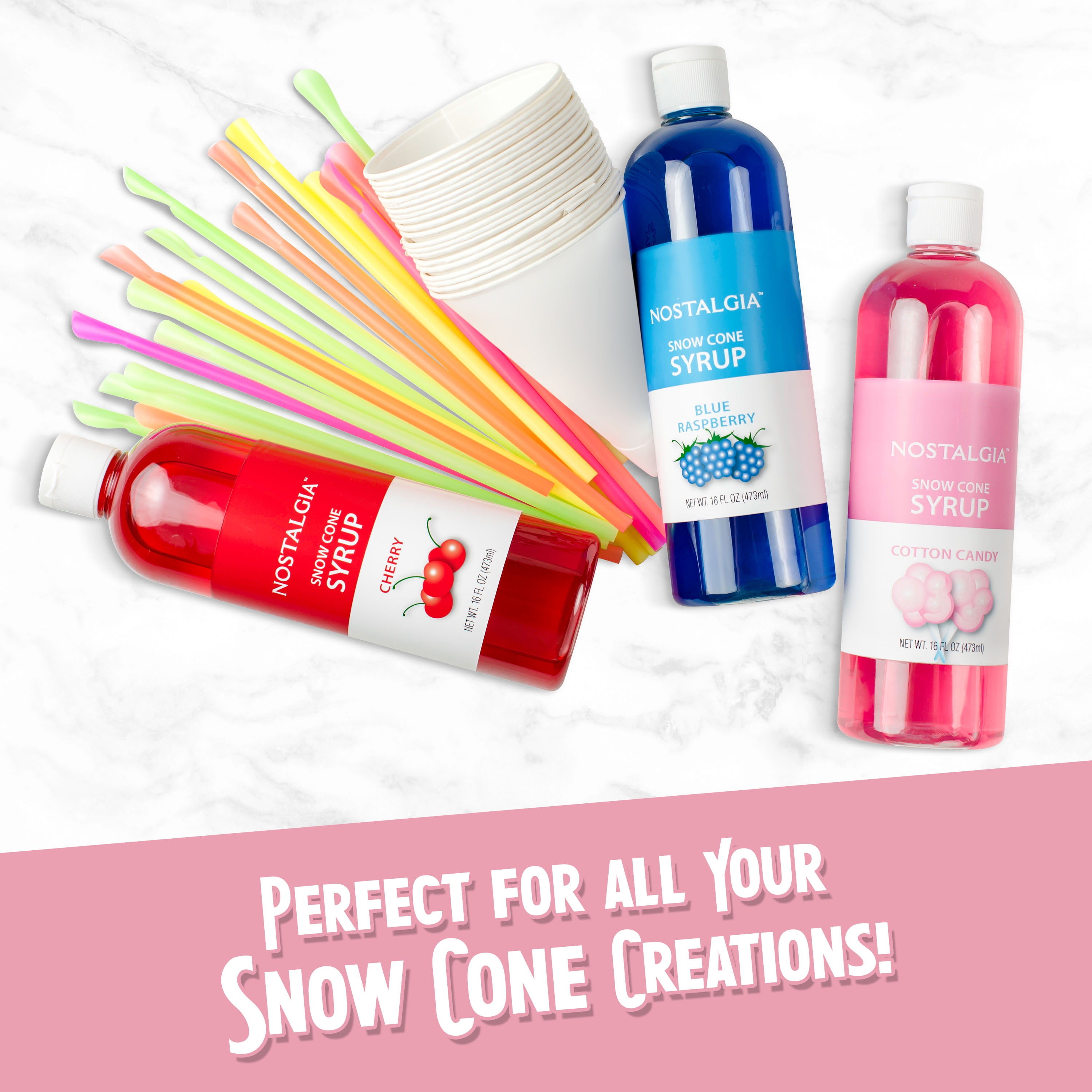 Nostalgia Snow Cone Maker, Tabletop Shaved Ice Machine with 2 Reusable Cones and Ice Scoop, Pink