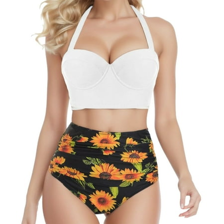 Tops+Shorts Two Print Swimwear Women Swimming Suits Short Two Piece Floral Waist Crop Sports Bra Top Bathing Suit Women High Swimwears Tankinis Ladies Swim Wear Set