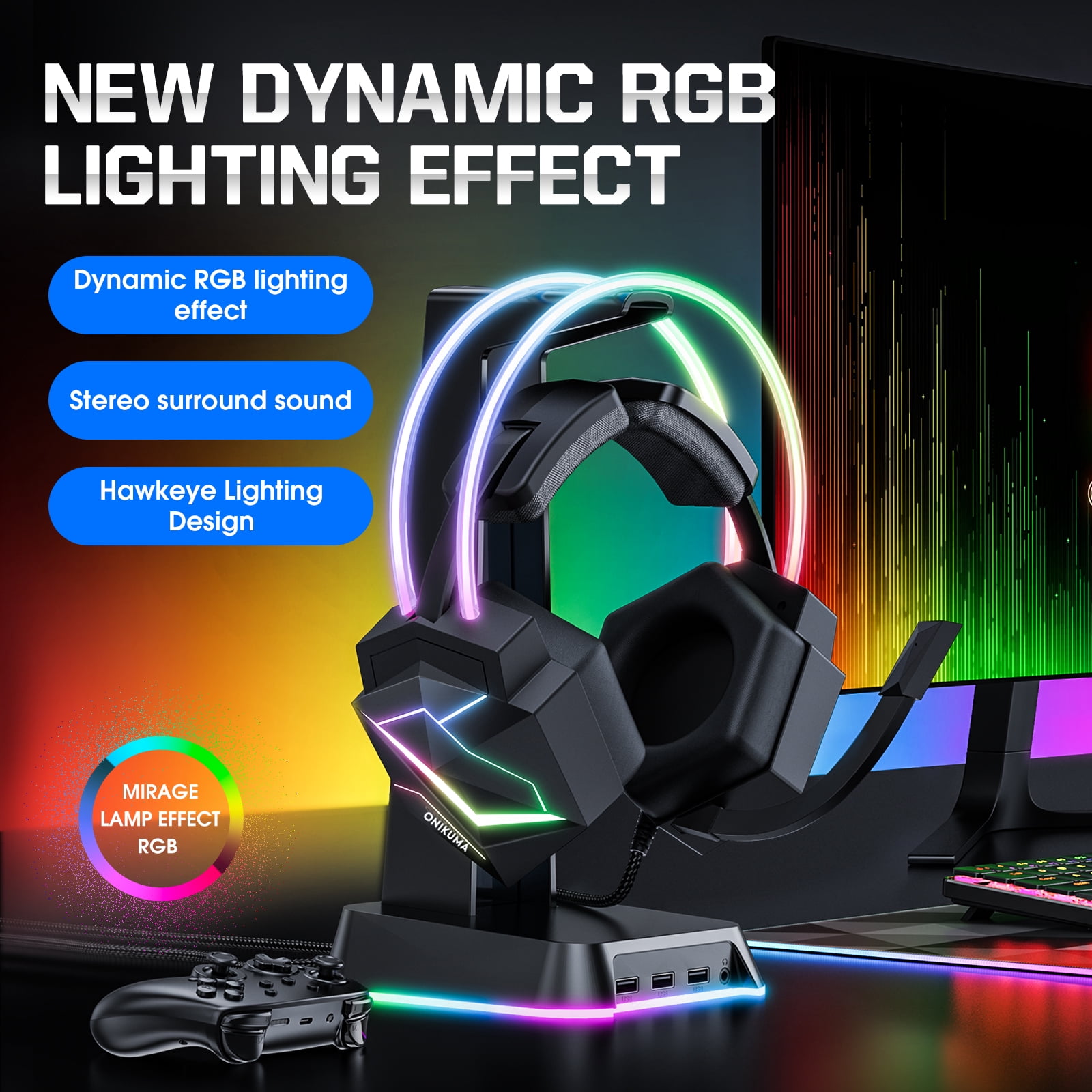 Siivton Gaming Headset with Microphone, Compatible with PS4 PS5 Xbox One PC Laptop Nintendo Series X|S, Over-Ear Headphones with LED Light, Noise Canceling Mic, 7.1 Stereo Surround Sound