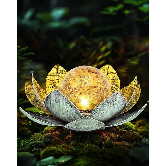 Garden Solar Light Outdoor, Amber Crackle Globe Glass Lotus Decoration, Waterproof Gary Metal LED Flower Lights for Patio,Lawn,Walkway,Tabletop, Garden Gifts for Women