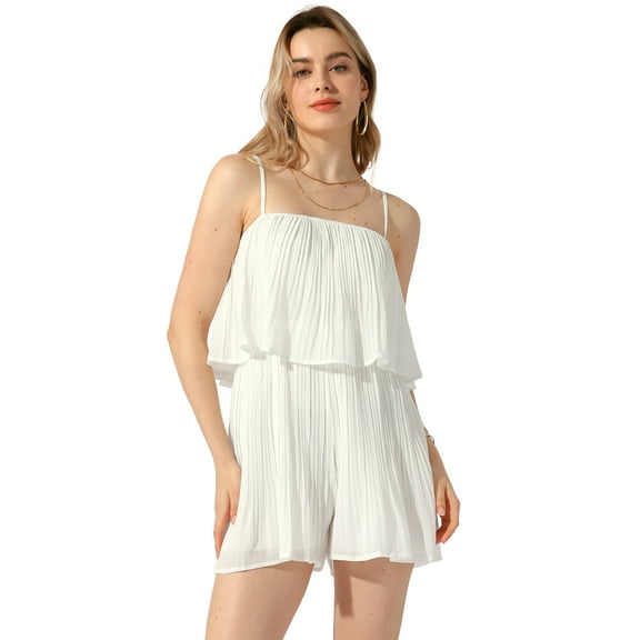 DARING DIVA Women's Ruffled Pleated Spaghetti Strap Sleeveless Rompers S White