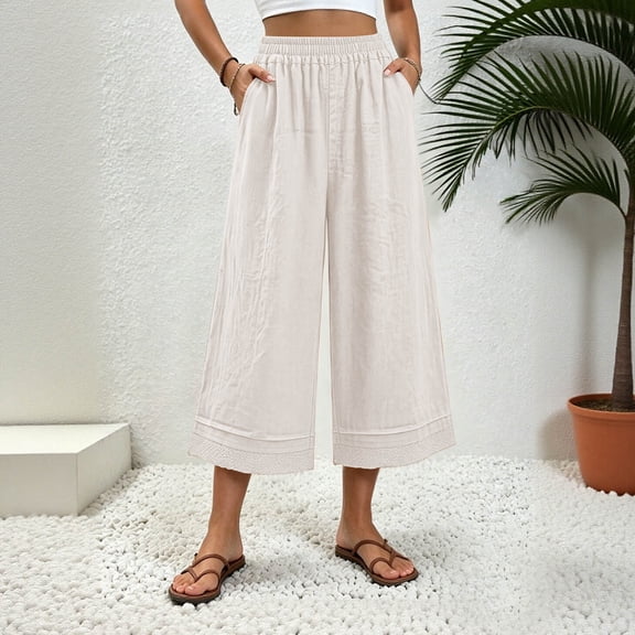 Cagogo Women Capri Pants Cotton Linen Wide Leg Elastic Waist Flowy Casual Summer Beach Trousers Loose High Waisted Palazzo Pants with Pockets Travel Work Clothes, White M