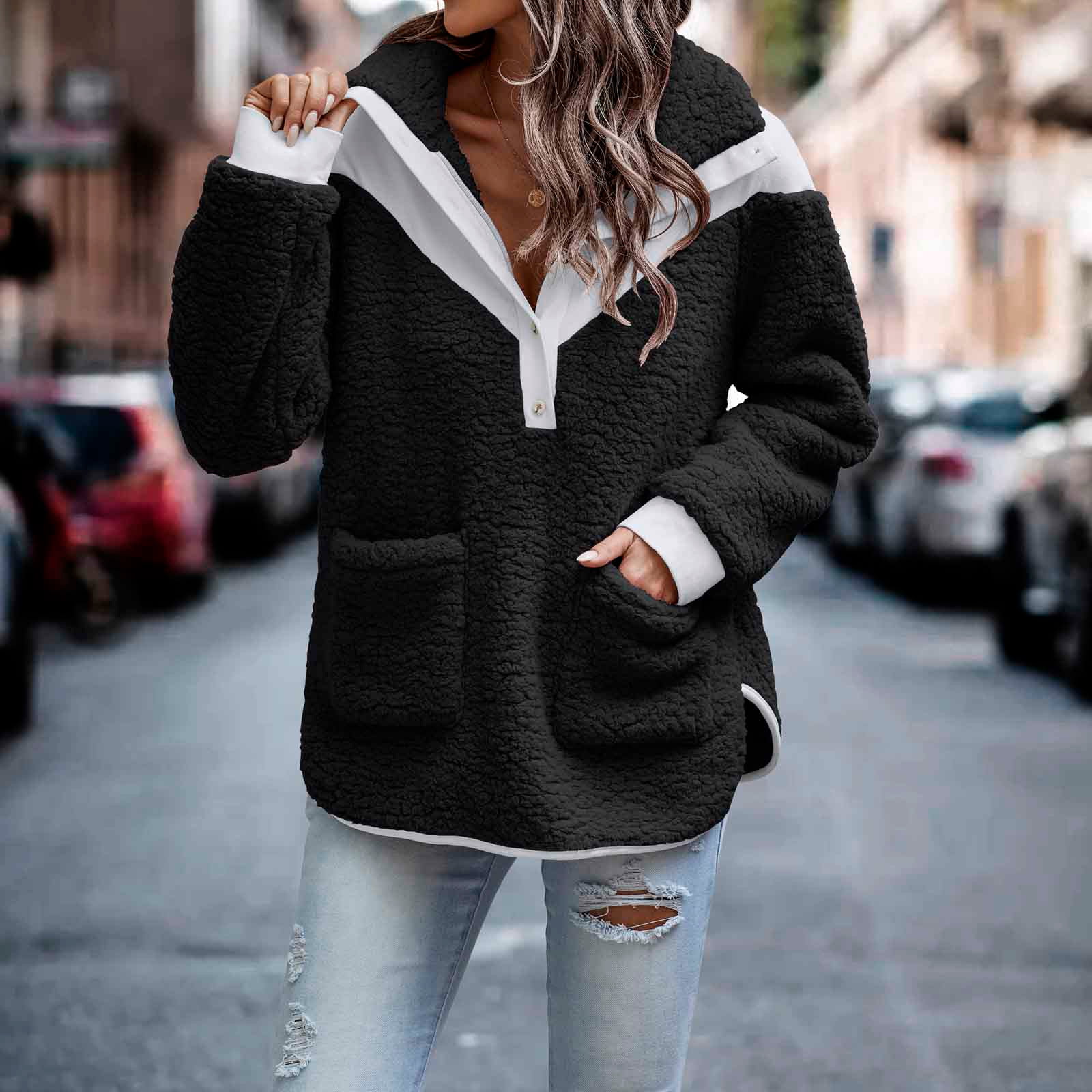 Fall Clearance Sale! RQYYD Womens 2023 Winter Sherpa Fuzzy Fleece  Sweatshirt Oversized Color Block Coat Button Cozy Pockets Pullover Lapel  Jacket with
