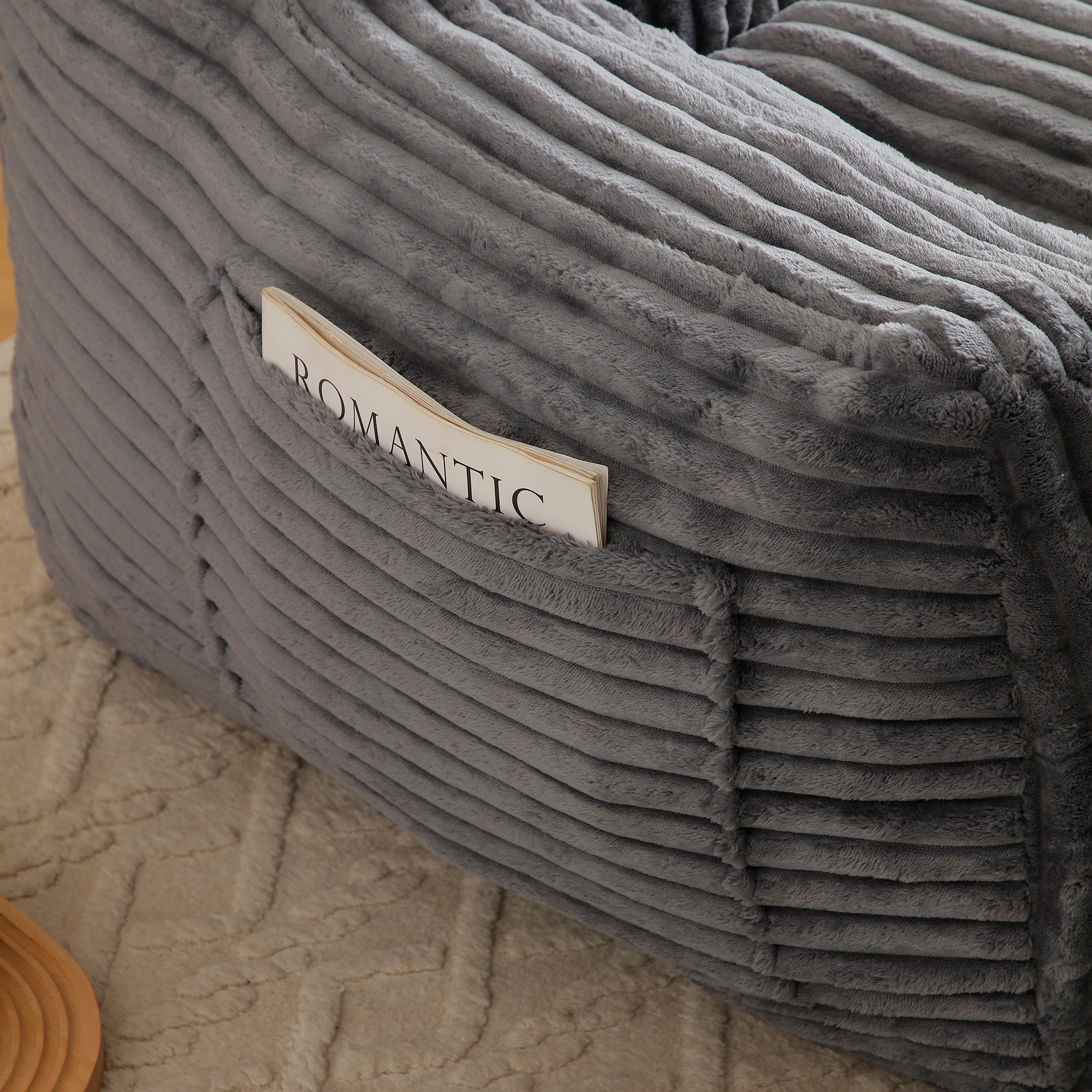 Giant Plush Bean Bag Chair for Adults with Armrests and Footstool, Comfy Beige Beanbag Chaise Lounge Lazy Floor Sofa Chair for Living Room, Bedroom & Dorm, Cozy Fluffy Cloud Mini Couch (Gray)
