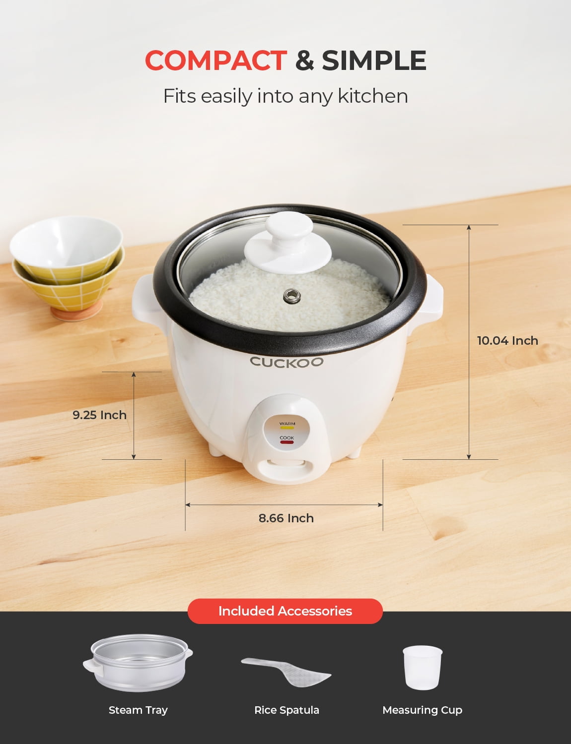 CUCKOO One Touch Rice Cooker 3-Cup (Uncooked) / 6-Cup (Cooked), Mini Rice Cooker & Warmer with Steamer Tray, Versatile Grain Cooker, Soup Maker, Auto Keep Warm, White (CR-0301C)