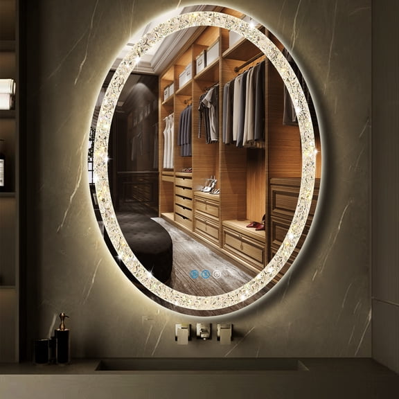 20 x 30 inch Crystal Oval Vanity Mirror with Lights Crystal Oval Lighted Mirror for Bathroom Wall Light up LED Ovals Mirrors Stunning Stylish Fashion Home Decor Decorative Mirror