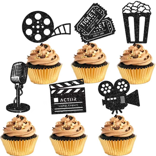 Cupcake Toppers LUCKYQUBE con tema de cine, paquete de 48 unidades, purpurina