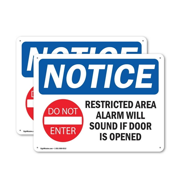 (2 Pack) Restricted Area Alarm Will Sound OSHA Notice Sign 10 Inch X 7 Inch Indoor / Outdoor Rust-Free Aluminum Metal Signs for Workplace, Workshop, and Construction Site, Made in the