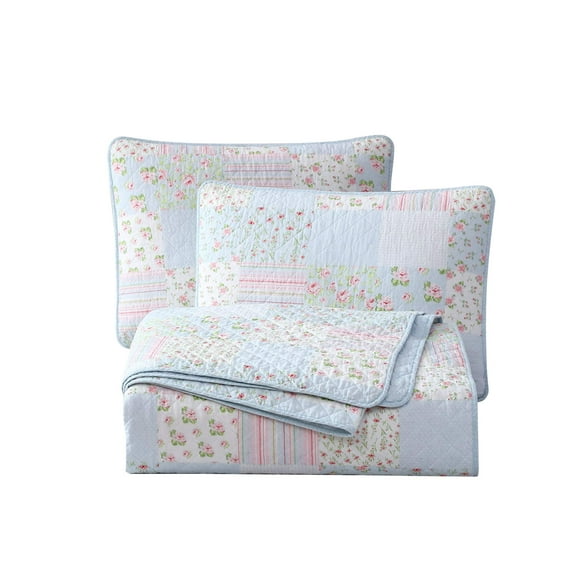 Chezmoi Collection Holly 2-Piece Printed Patchwork Cotton Quilt Set - Flower Floral Candy Stripe Polka Dots - Stone Washed Lightweight Bedspread, Twin Size