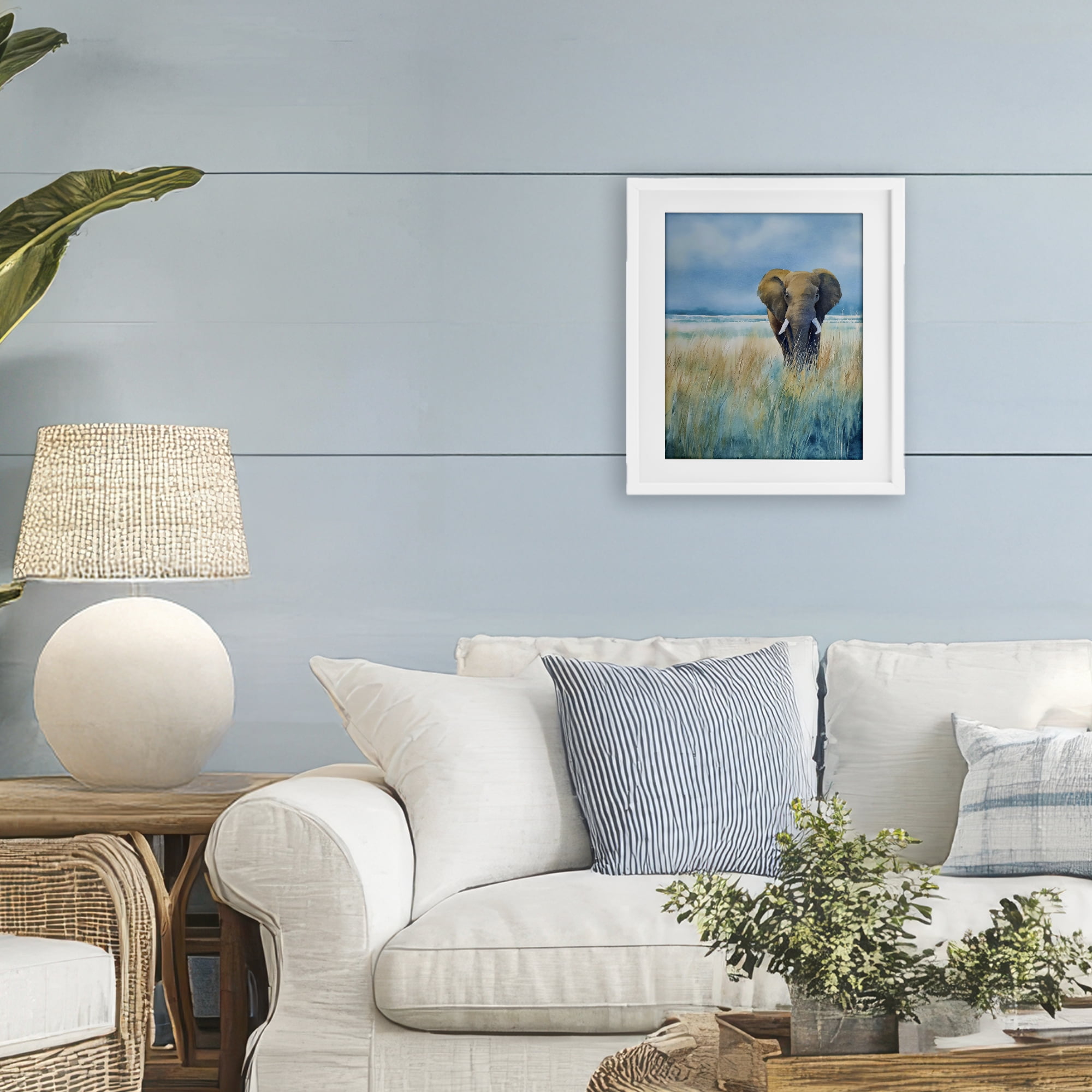 Stupell Industries Blue Grass Elephant White Framed Print Under Glass, design by Franklyn Gregory