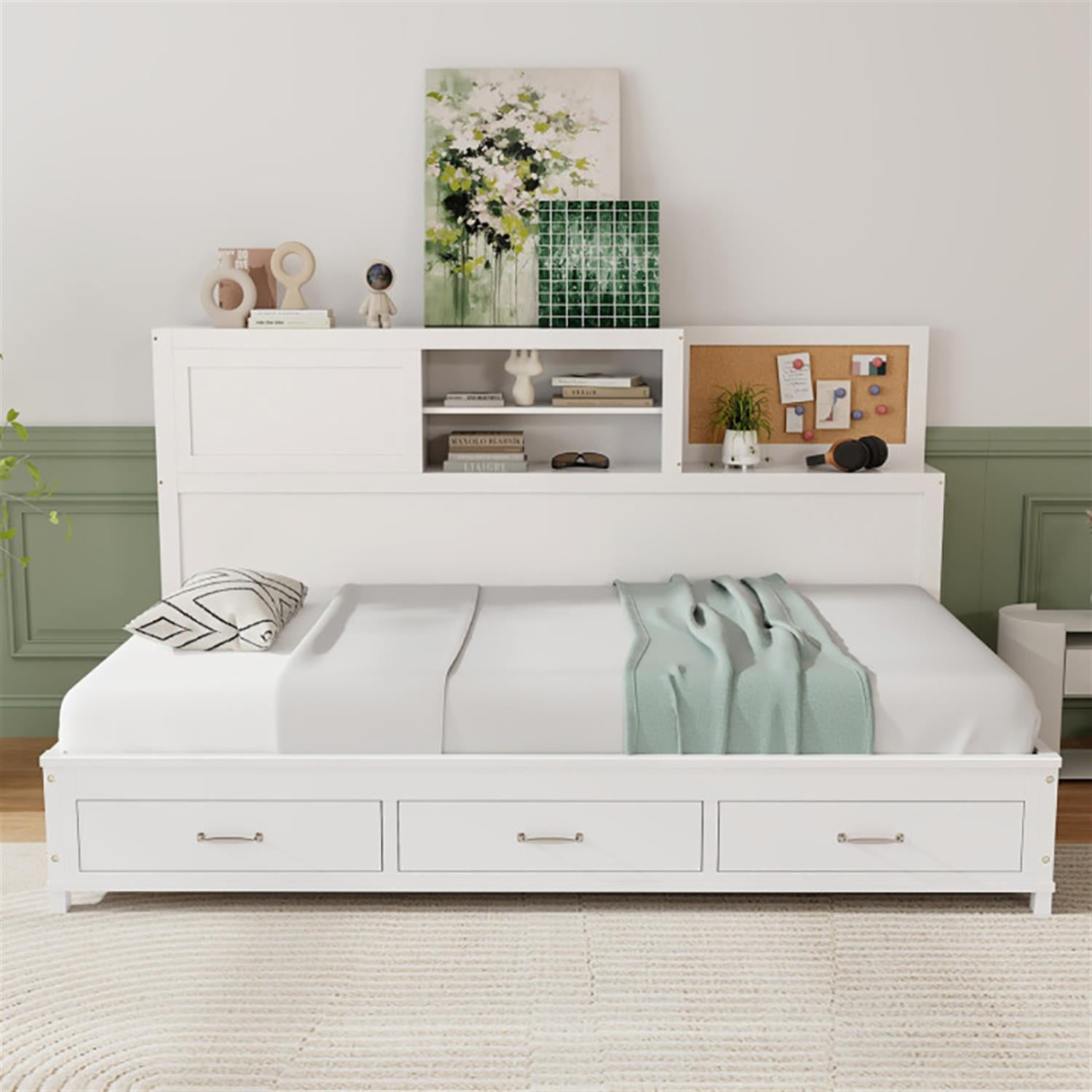 Demi Bonn Full Size Wooden Daybed with 3 Drawers with Storage Shelves, Modern Wooden Bed Frame for Teens, White