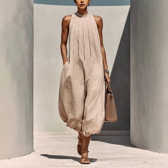 Morttic Women's Solid Color Halter Sleeveless Jumpsuit – Pleated Wide Leg Pants with Pockets Casual Boho Summer One Piece Apricot,XS
