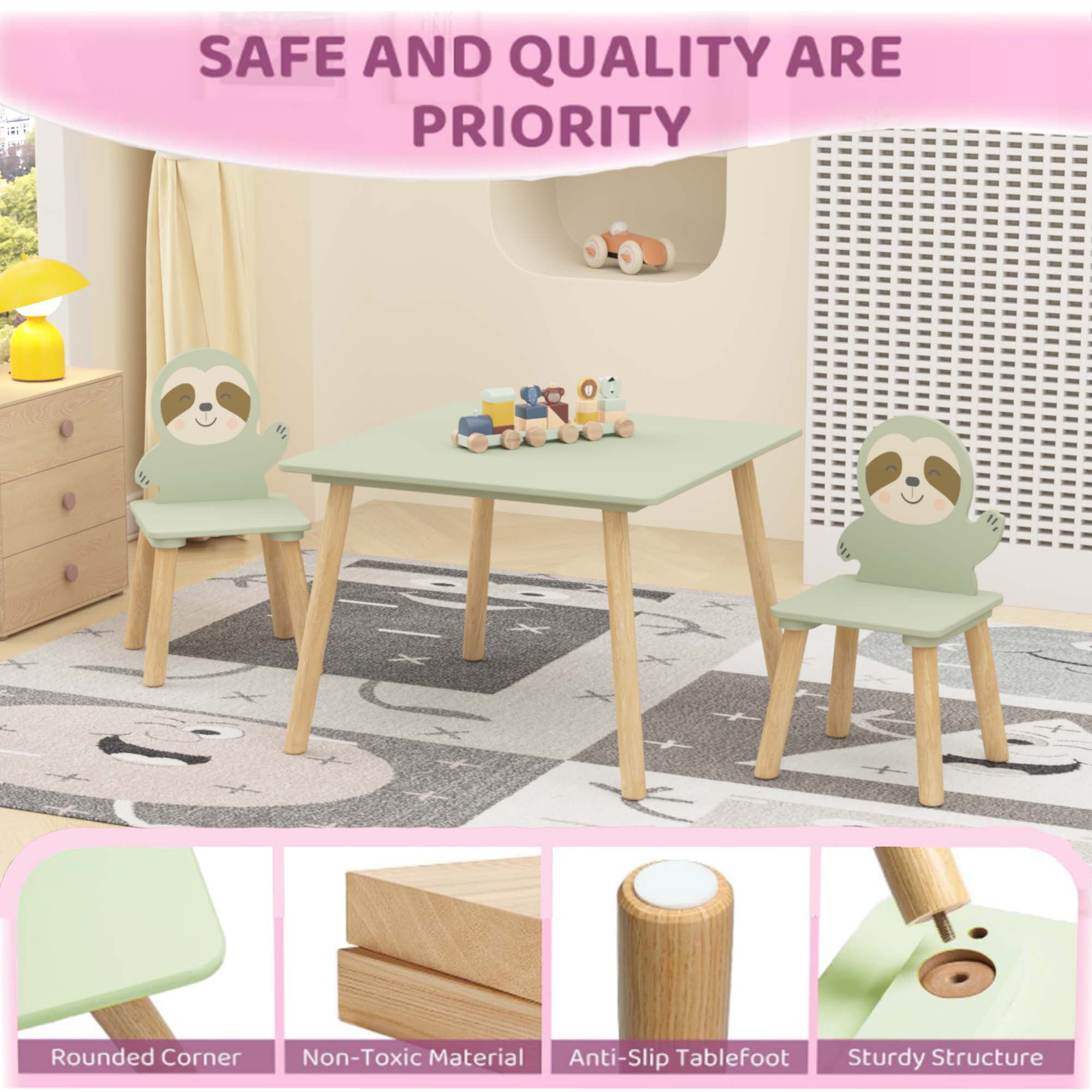 iRerts Kids Table and Chair Set, Animal Themed Kids Wooden Table and 2 Chairs Set, Kids Activity Play Table Set for 3-6 Year Old, Toddler Table and Chair Set for Reading, Drawing, Jigsaw Puzzles