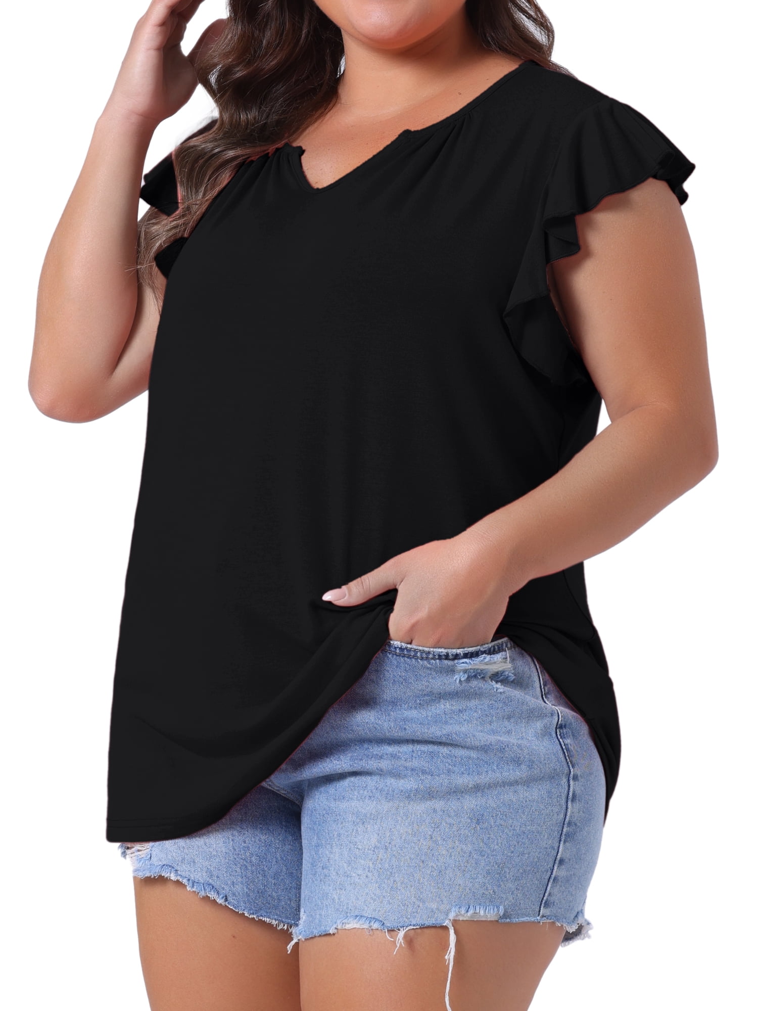 DARING DIVA Women's Plus Casual V Neck Ruffle Casual Top Blouse Tank Tops 1X Black