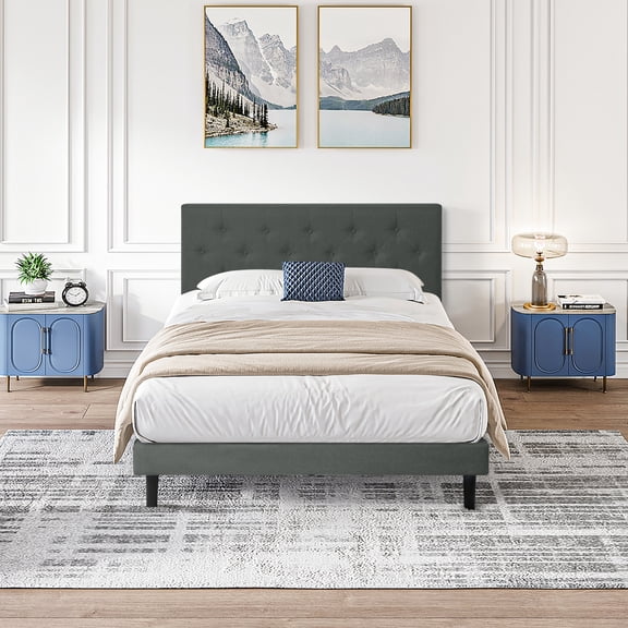 Upholstered Twin Size Bed Frame In Dark Gray Linen - Modern Button Headboard, No Box Spring Required, Easy Assembly, Wood Slat Support, 300 Lbs Weight Capacity Gray, Installation,