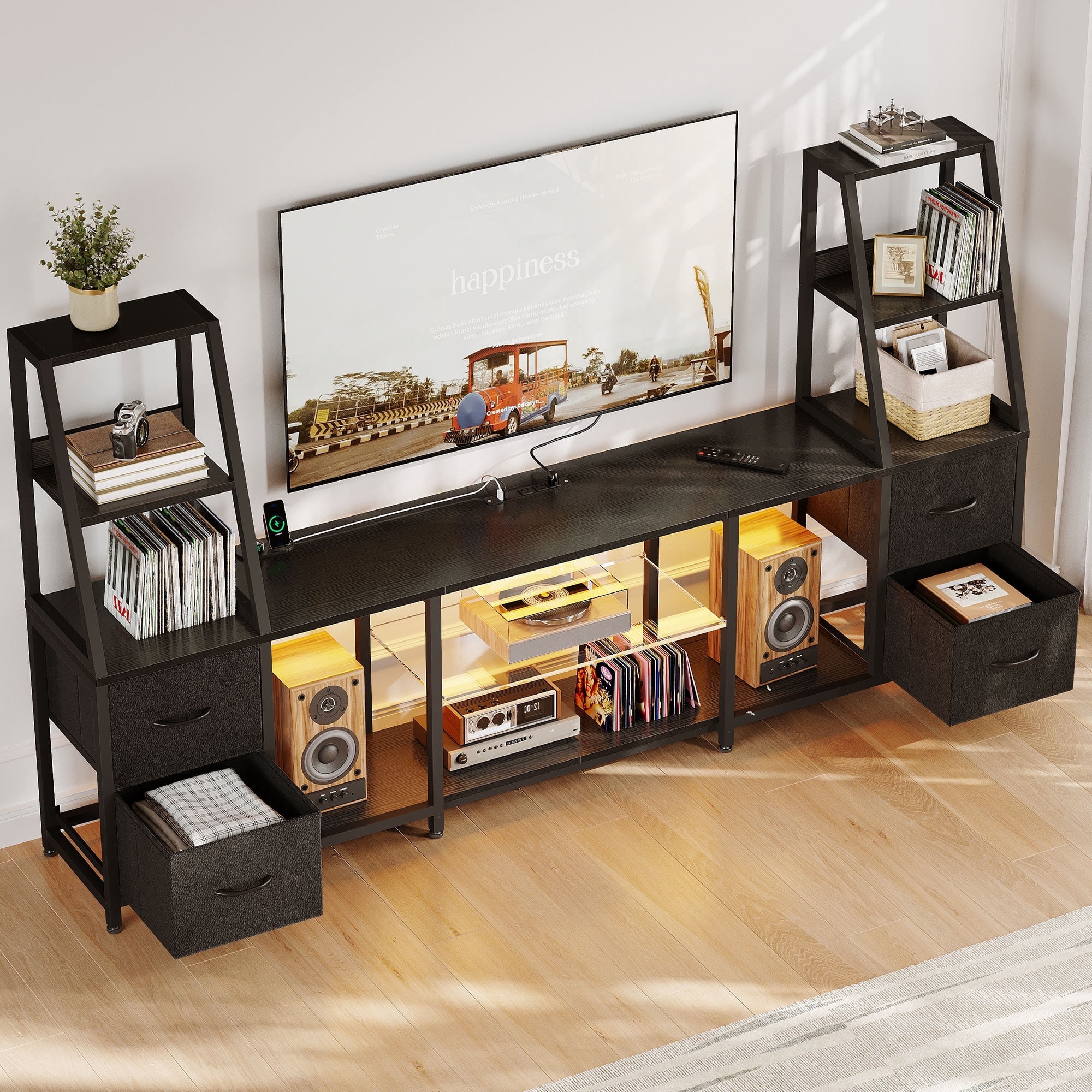 Casacomoda TV Stand for up to 65 Inch TV, 87" Entertainment Center with Power Outlets & LED Lights, Modern Media Console with Glass Shelf & 4 Fabric Drawers for Living Room Bedroom, Black