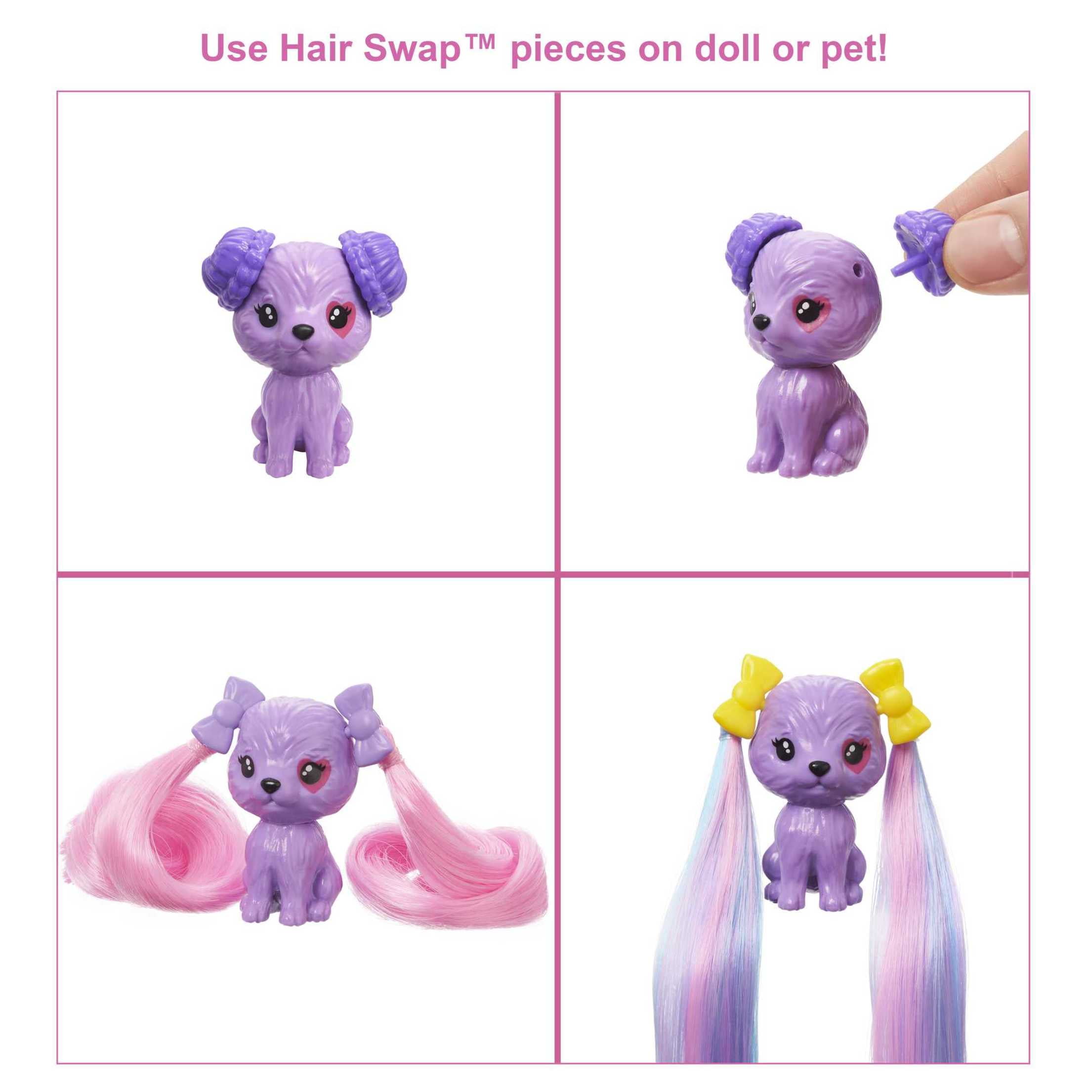 Barbie Color Reveal Glitter Hair Swaps Doll, Glittery Pink with 25 Hairstyling & Party-Themed Surprises Including 10 Plug-In Hair Pieces, Gift for Kids 3 Years Old & Up