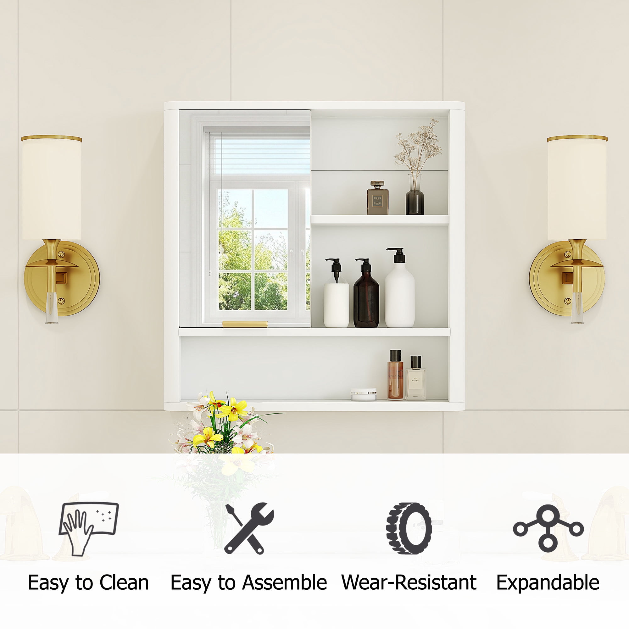 Leumius Wall Mounted Mirror Cabinet,Bathroom Storage Cabinet with Single Door and Open Shelves, Multipurpose Wall Organizer for Bathroom Vanity Laundry Room White