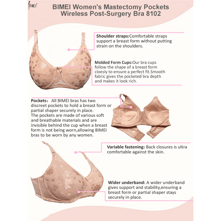 BIMEI Mastectomy Bra with Pockets for Breast Prosthesis Women's Full  Coverage Wirefree Everyday Bra plus size 8102,Pink,36A 