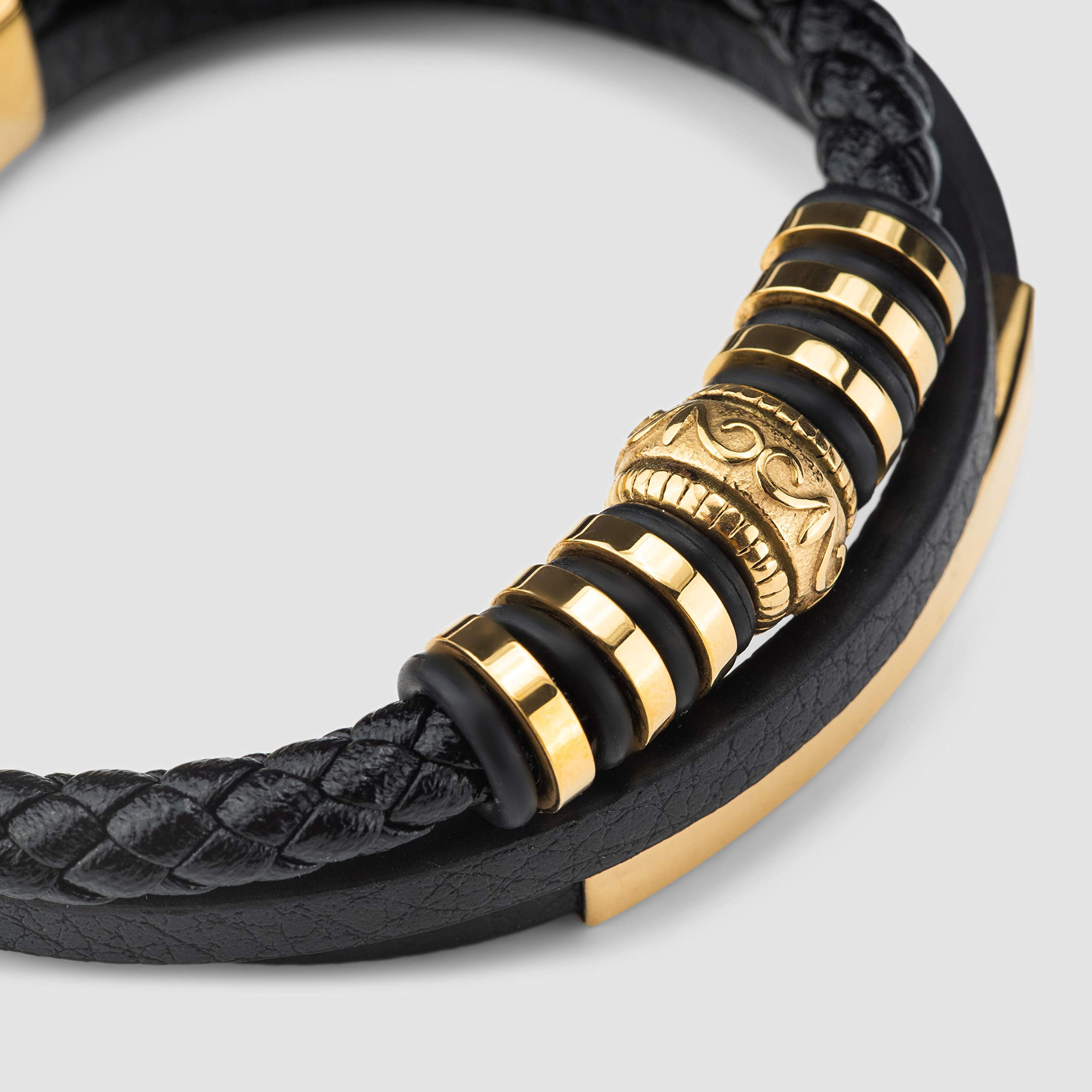 SERASAR Leather Bracelet for Man "Shine" with stainless steel magnetic closure, Gold 17cm, including gift box