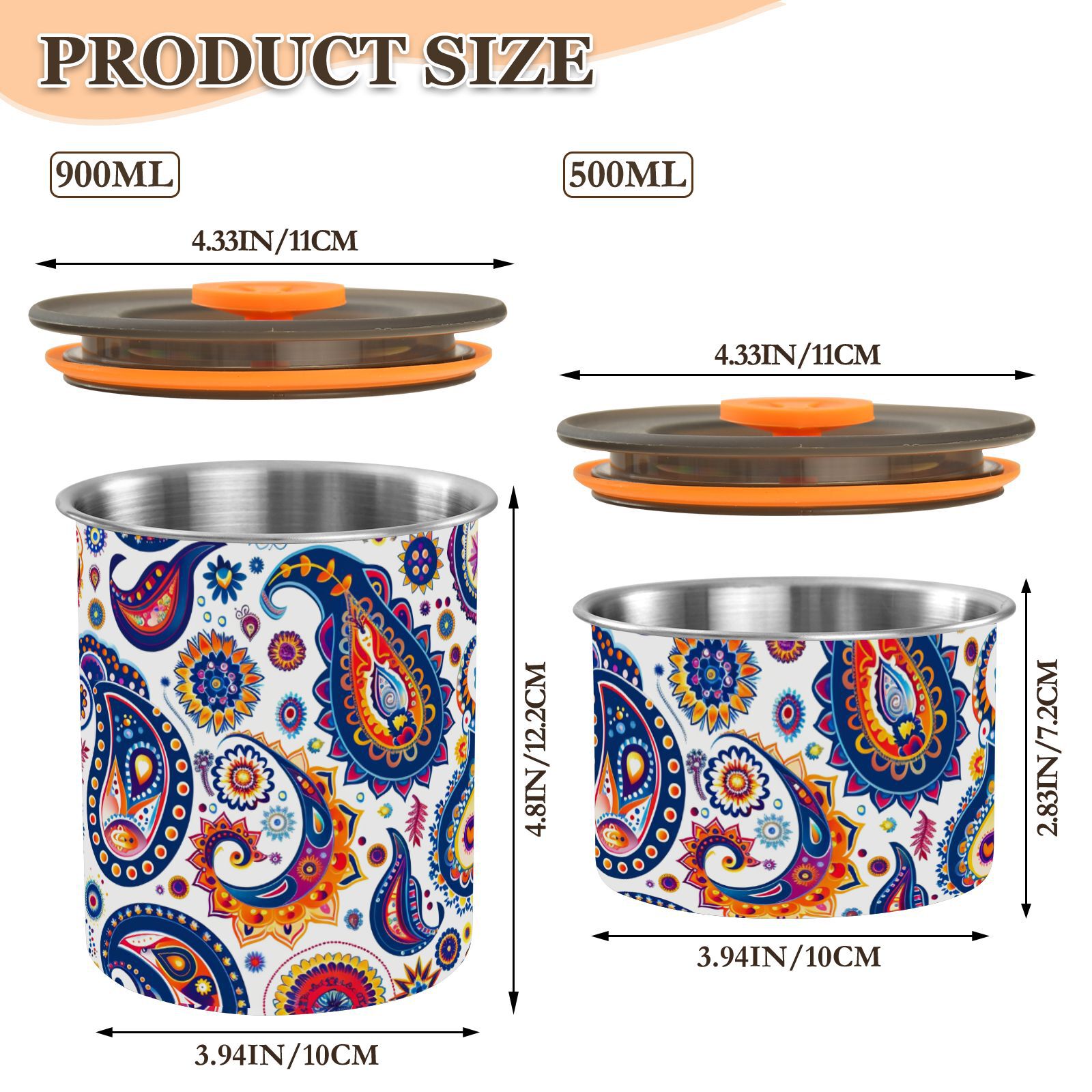 Colorful Paisley Flower Airtight Coffee Bean Canister 30oz Food Storage Containers with Lids For Gournd, Tea, Sugar, Flour, Rice, Cereal, Candy Cookie Jar