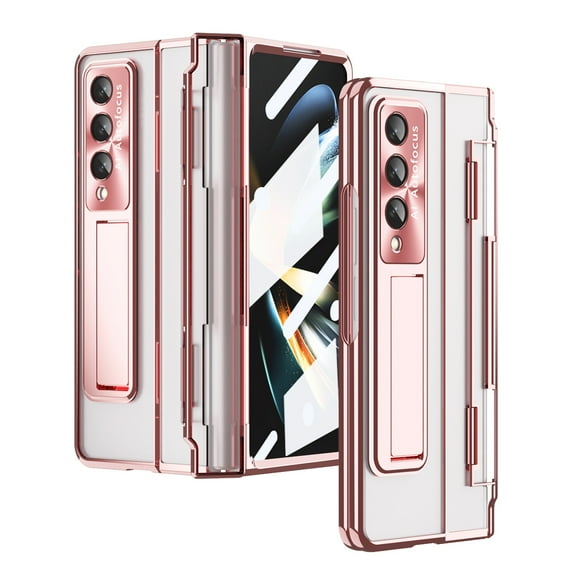 for Galaxy Z Fold 6 5G Case, [Full Cover Hinge Protection] Transparent Shockproof Protective Phone Case with Built-in Screen Protector & Magnetic Kickstand for Samsung Z Fold 6 5G, Rosegold