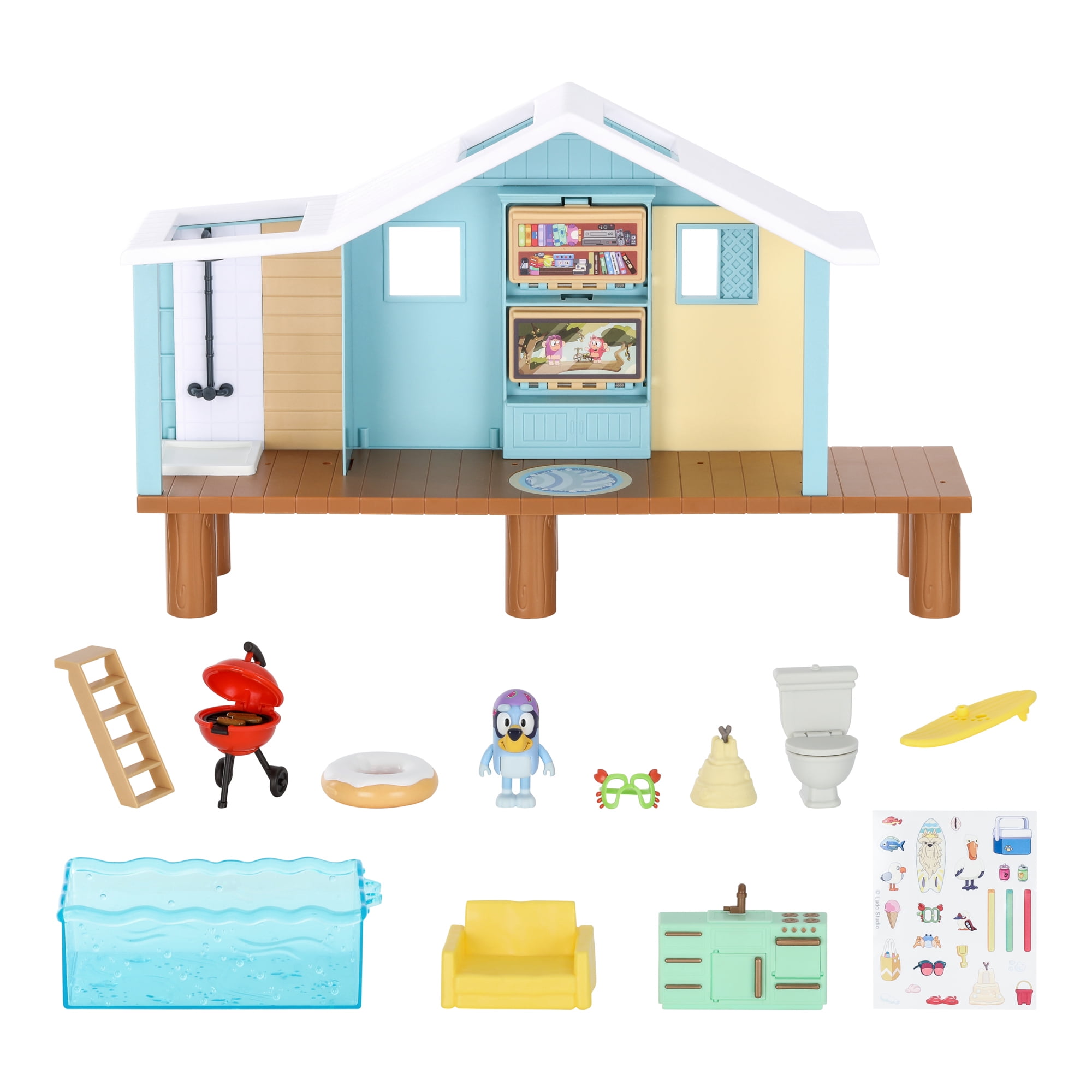 Bluey, Beach Cabin Playset, Includes Figure with Goggles, 10 Pieces, Toddler Toy