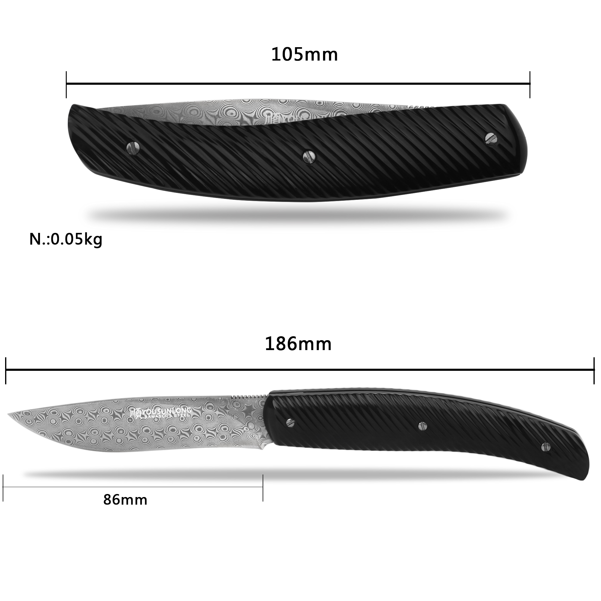 YOUSUNLONG Pocket Knives Overall 186mm, Damascus Steel Blade Folding Knife for Camping Hunting