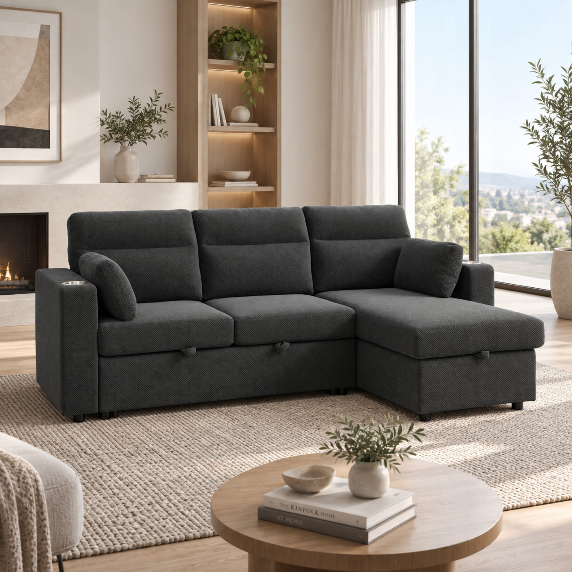 BSHTI 82.5" Foil Fabric L-Shaped Pull-Out Sectional Sofa Bed with Storage Chaise, Cup Holders for Living Room(Dark Gray)