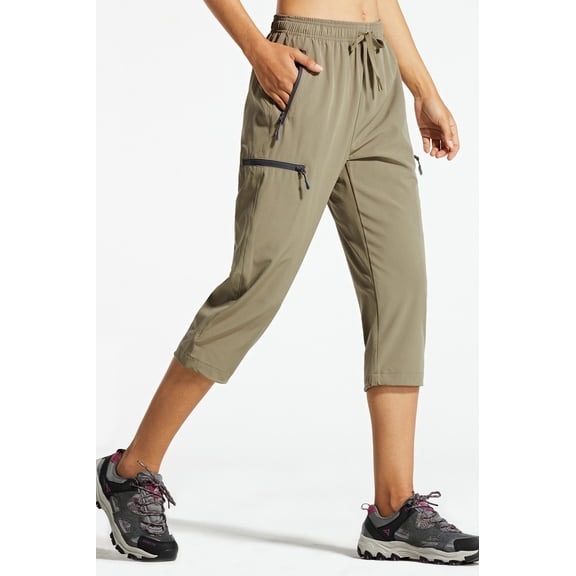 MASKERT Women's Capri Pants-Lightweight Quick Dry Cargo Hiking Capris Travel Casual Cropped Pants Zipper Pockets Khaki（Size XS-XXXL）