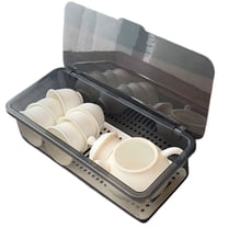 Fmxomd 1Pack Flatware Tray with Lid and Drainer, Large Plastic Silverware Utensils Kitchen Drawer Organizer Clear Cutlery Storage Container with Cover Dinnerware Holder Box for Home, Travel, Gray