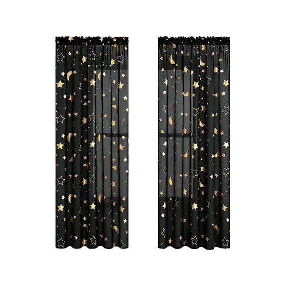 Halloween Black Semi-Sheer Curtain for Indoors, Gold Moons Stars Decorative Faux Linen Curtain with Light Filtering for Bedroom Living Room Dorm Decor