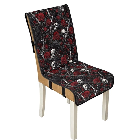 TSOVTHRID Skull Sword Rose Print Quilted Dining Room Chair Covers Comfy Adjustable Chair Seat Covers Stretchy Stain Resistant Chair Seat Cushion Protector Slipcovers, Set of 1