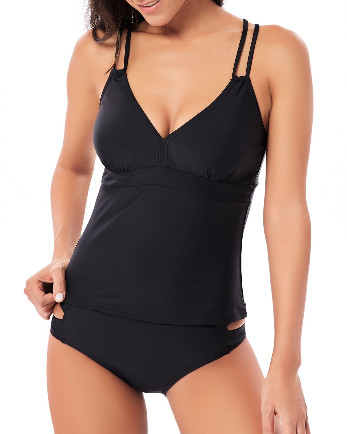 HAIVIDO Women's V Neck Black Two Piece Swimsuit Set Criss Cross Back  Tankini Top with Bikini Bottom Bathing Suits S - Walmart.com