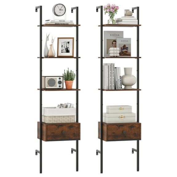 Topbuy 2PCS 5-Tier Ladder Bookcase with Drawer 70" Tall Wall-Mounted Bookshelf with Metal Frame