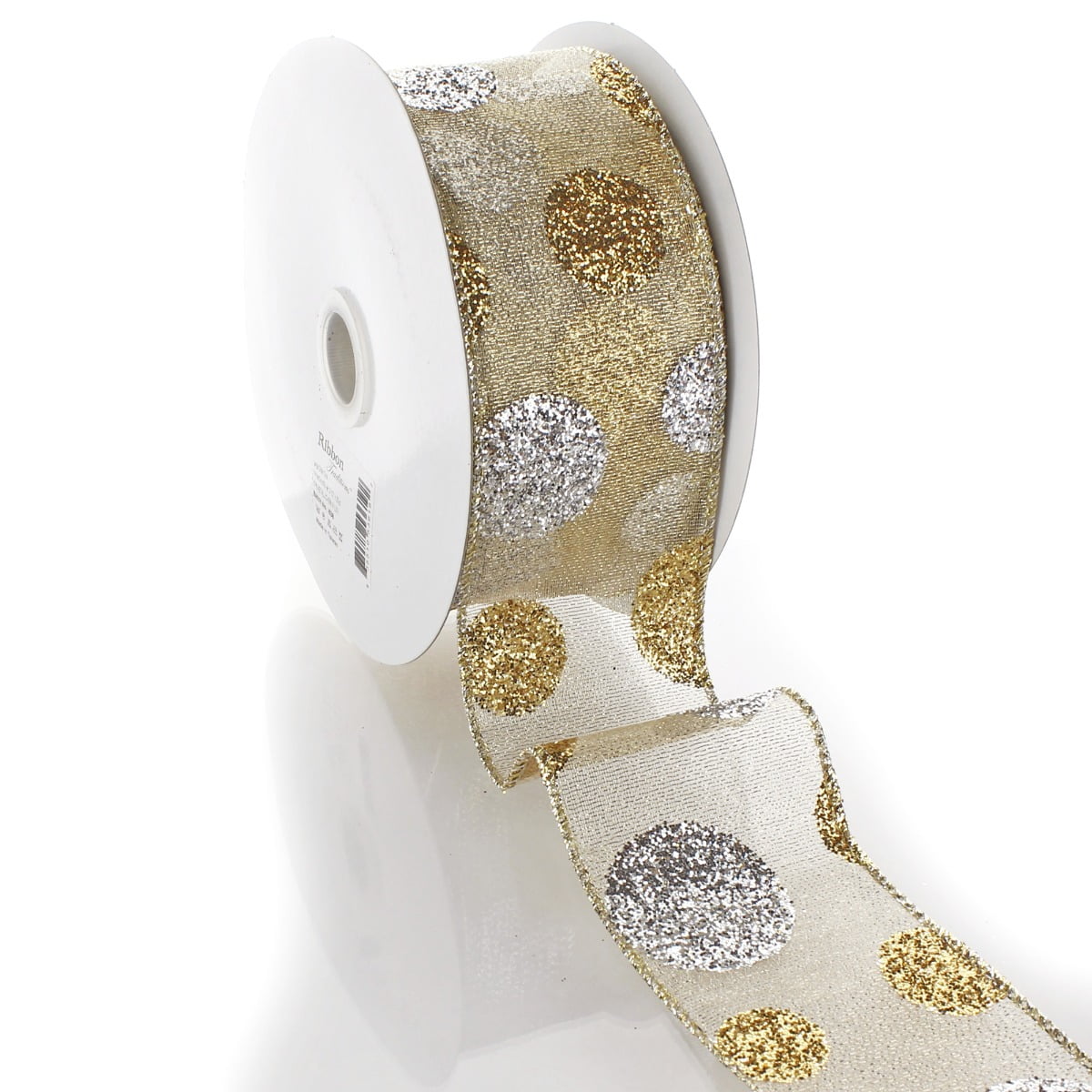 Ribbon Traditions Large Glitter Dots Gold / Silver Wired Ribbon 2 1/2" by 10 Yards
