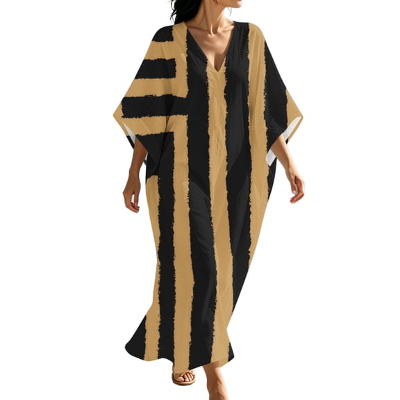 Dvprdro Womens Boho V Neck Color Blocked 3/4 Sleeve Side Slit Loose A Line Maxi Dress Casual Beach