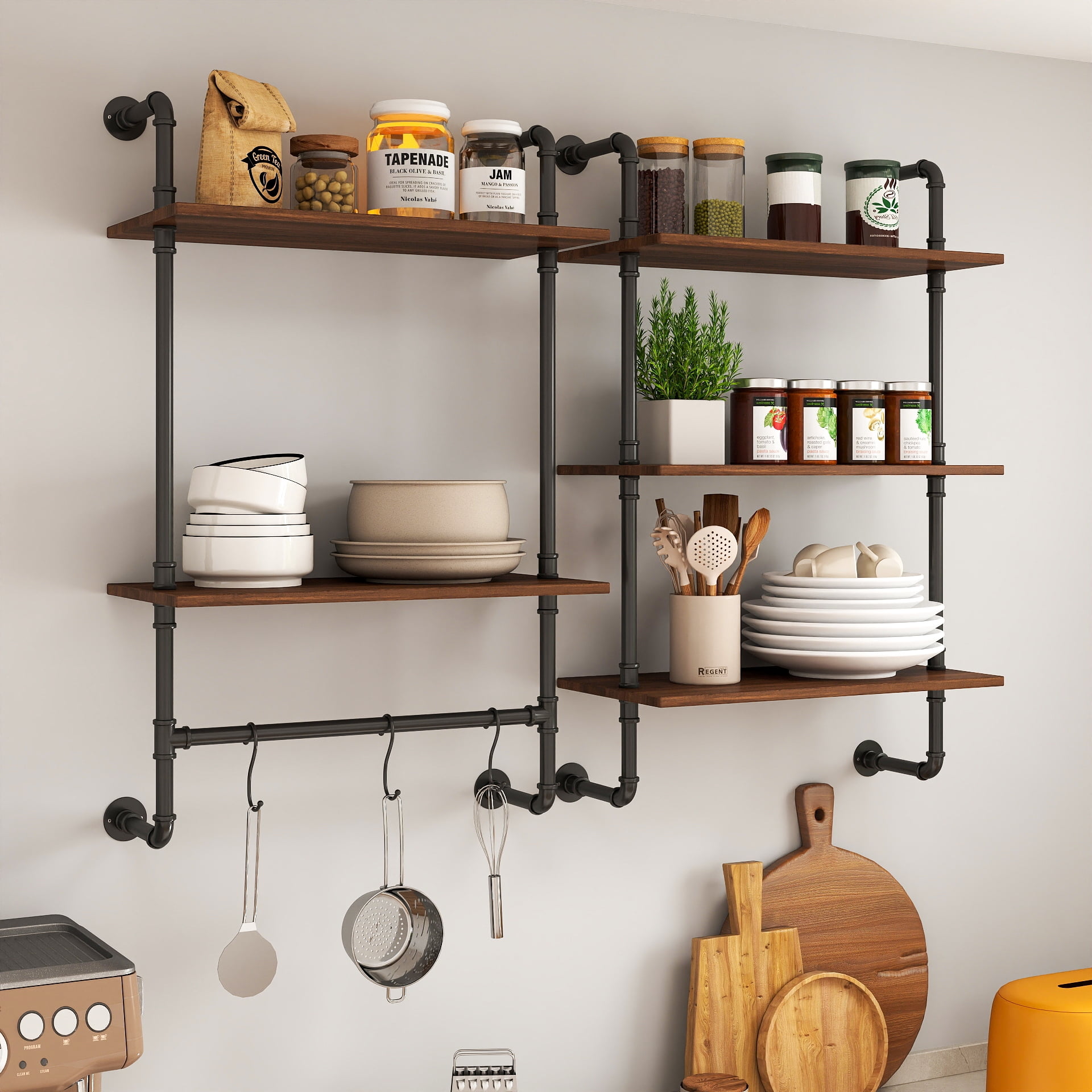 Mintazer Industrial Pipe Wall Shelves, Farmhouse 2-Tier & 3-Tier Floating Shelves with Hooks for Bedroom Kitchen, Walnut Brown