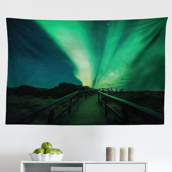 Aurora Borealis Tapestry, Southern Iceland on Sky Over Rocky Hills Wild Night View, Fabric Wall Hanging Decor for Bedroom Living Room Dorm, 2 Sizes, Blue Violet Lime Green, by Ambesonne