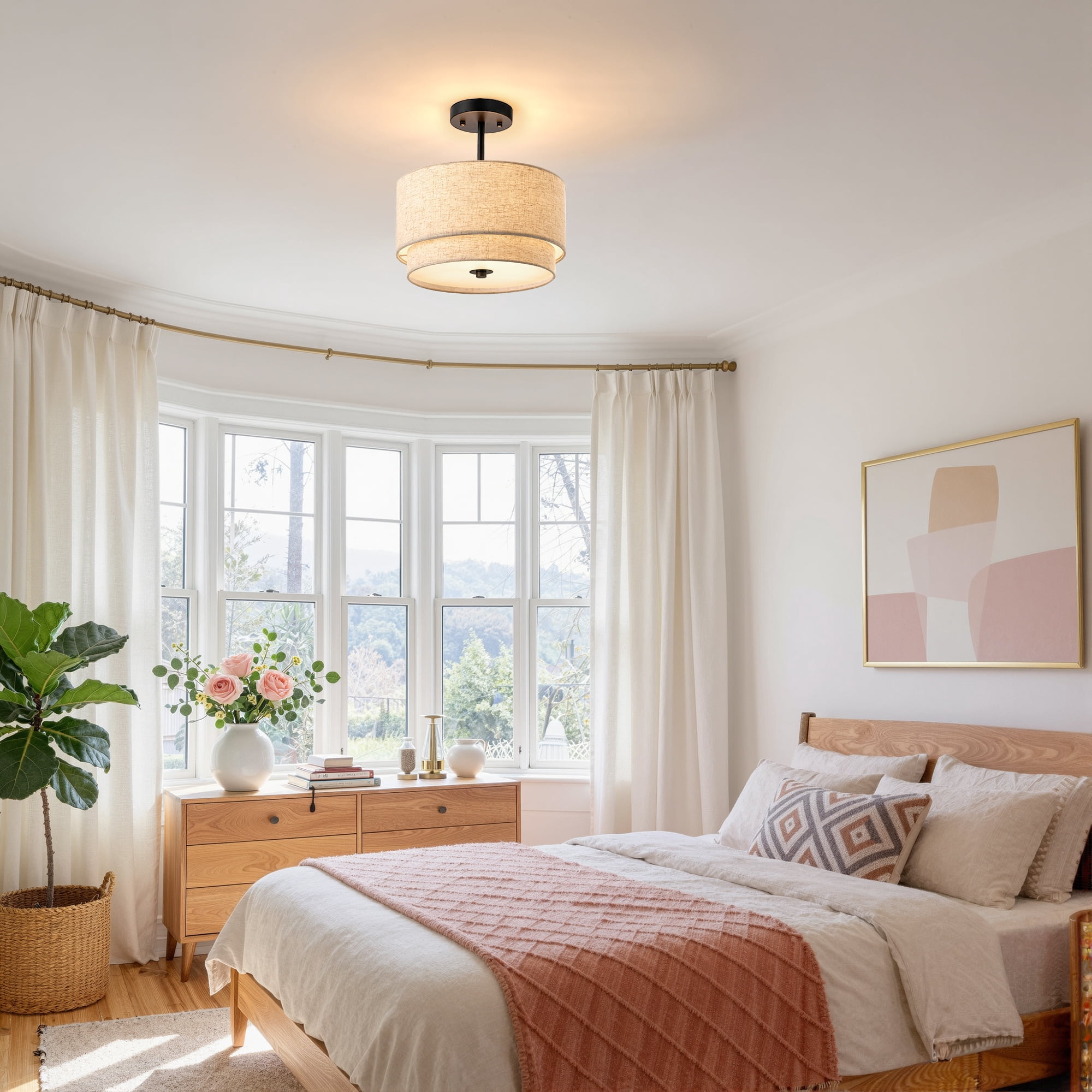 EDISHINE 12.6 Inch Semi Flush Mount Ceiling Light Fixture, Double Drum Shade, Modern Close to Ceiling Lamp,Black for Bedroom Hallway Dining Room Kitchen
