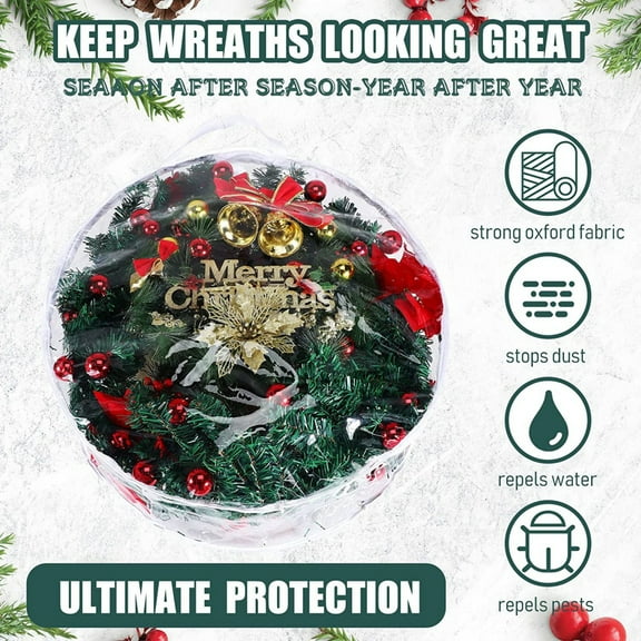 [Left wind] Xmas Wreath Plastic Storage Bags Christmas Clear Wreath Storage Bags Xmas Container with Dual Zippers and Handles Case for Seasonal Holiday Garland,24inch