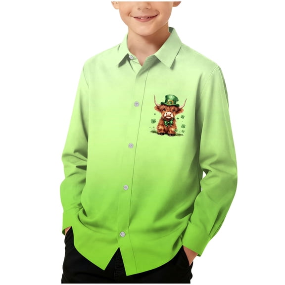CYRBOKO Boys Button Down Shirts, Long Sleeve Gradient St. Patrick's Day Printed Tops for Holiday Green Size 7-8 T