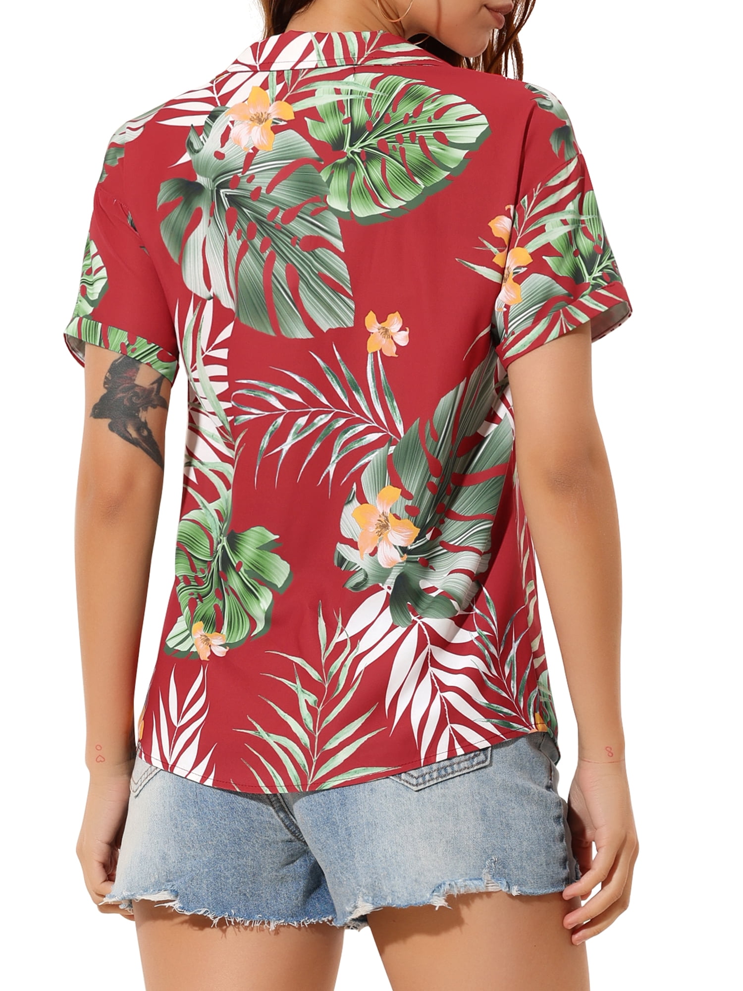DARING DIVA Floral Leaves Print Short Sleeve Beach Top S Red