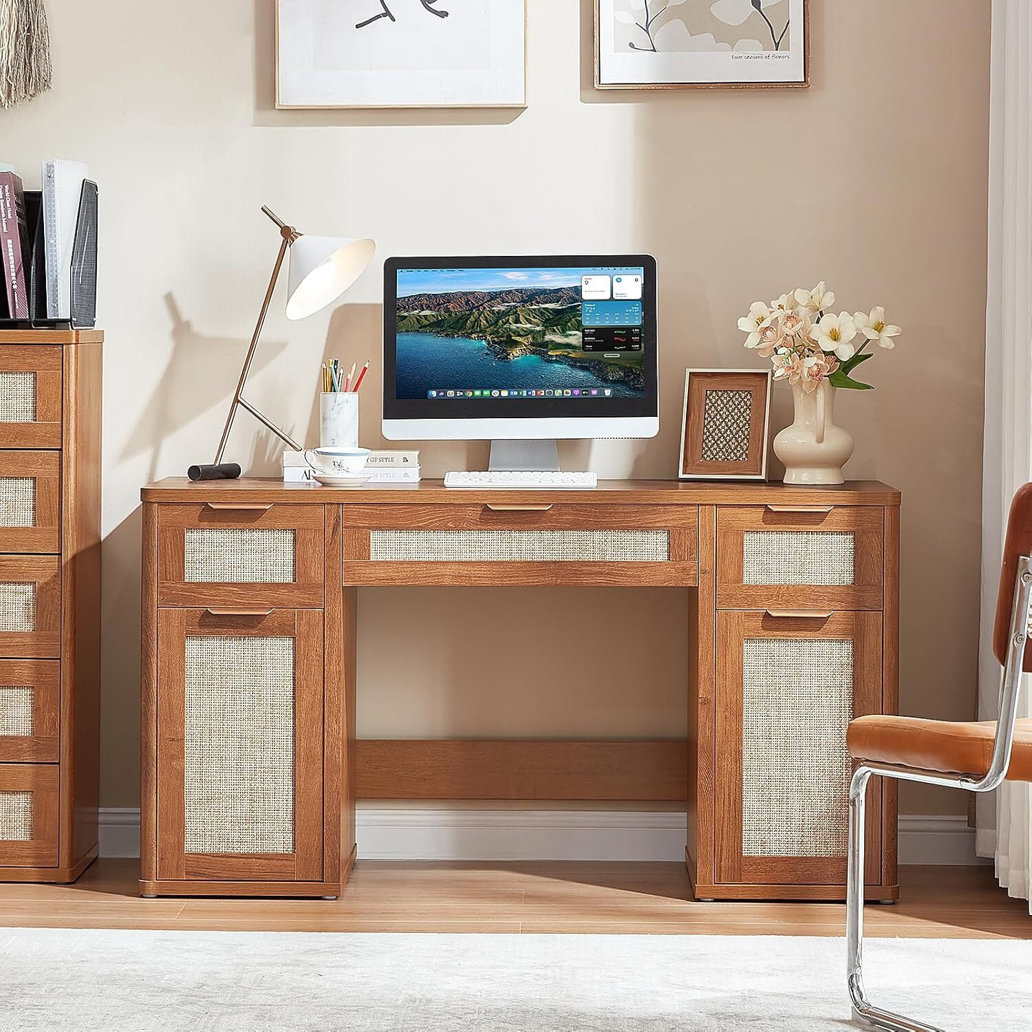 LEYAOYAO 56" Rattan Computer Desk with 3 Drawers & 2 Storage Cabinets, Boho Executive Desk, Modern Writing Desk for Home Office Bedroom, Tea Brown