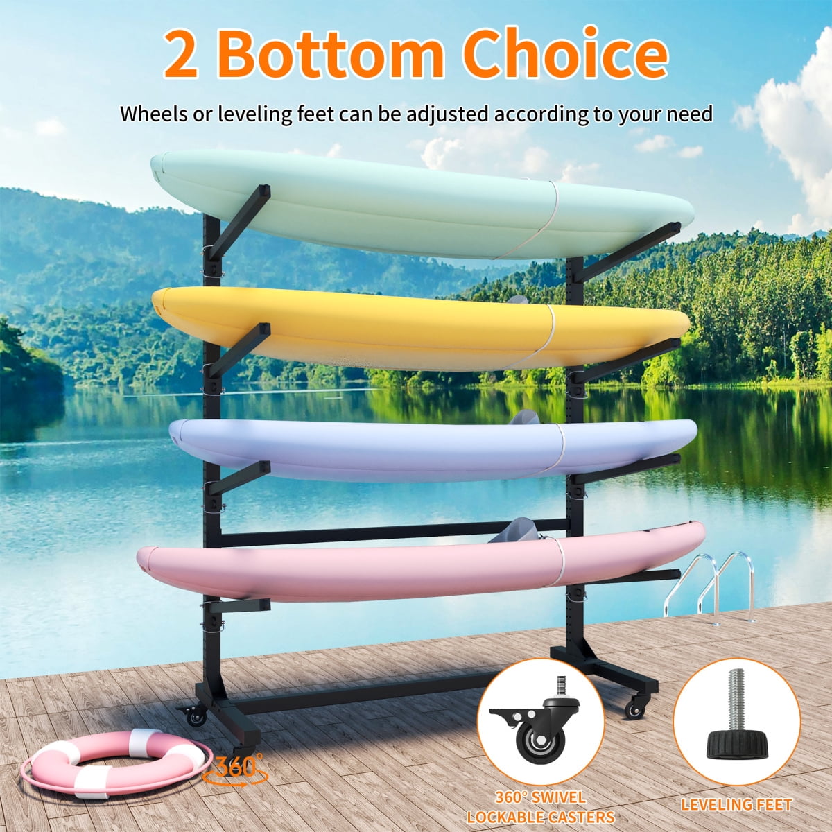 80" Freestanding Kayak Storage Rack – Holds 4 Kayaks, Adjustable with Lockable Wheels, Heavy-Duty