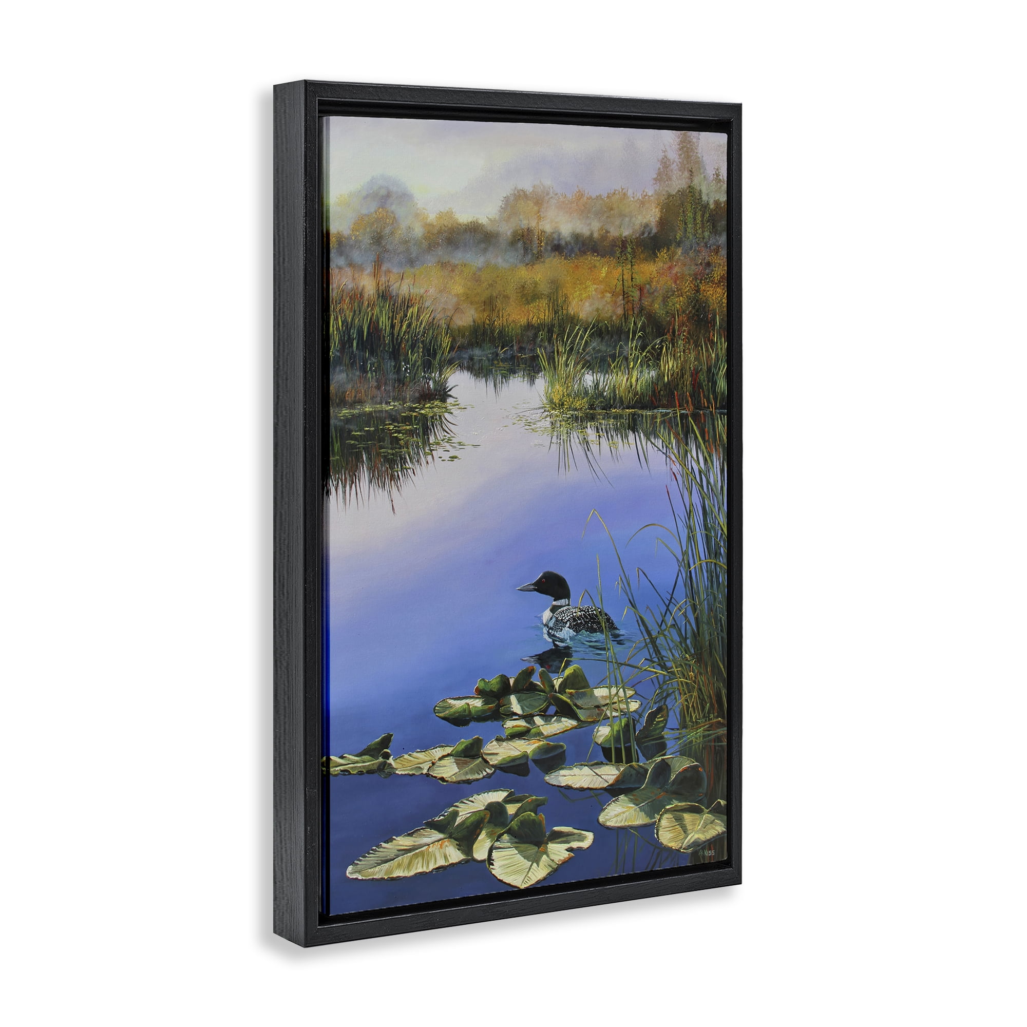 Stupell Industries Duck's Morning Solitude Landscape & Nature Painting Black Floater Framed Canvas Art Print Wall Art, 21 x 31