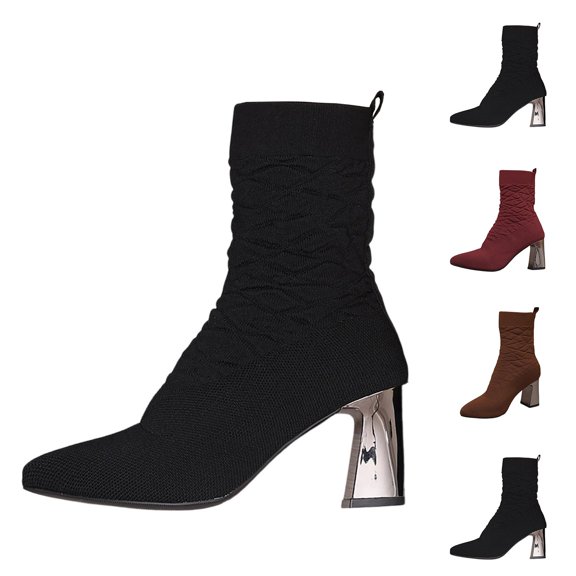 Bixock Boots for Women Mid Heel Short Boots Large Size Pointed Toe Slip On Stretch Sock Boots Comfortable Warm Daily Wear Fall Women Shoes