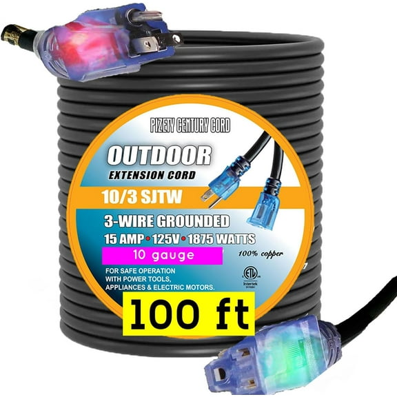 pizety Extension Cord 100 ft 10 Gauge Heavy Duty Indoor Outdoor Outlet Power Extension Cord 10/3 Plug 100 ft 125 Volt 1875 watt 15 amp UL Listed 100 feet 10 Gauge Extension Cord with Lighted Ends