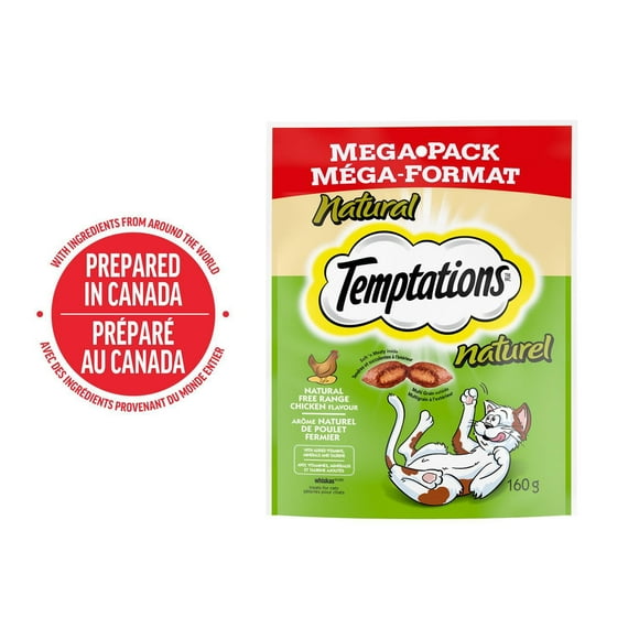 Gâteries pour chats Temptations Au naturel arôme naturel de poulet fermier, tendres à l'intérieur, croquantes à l'extérieur 160 g