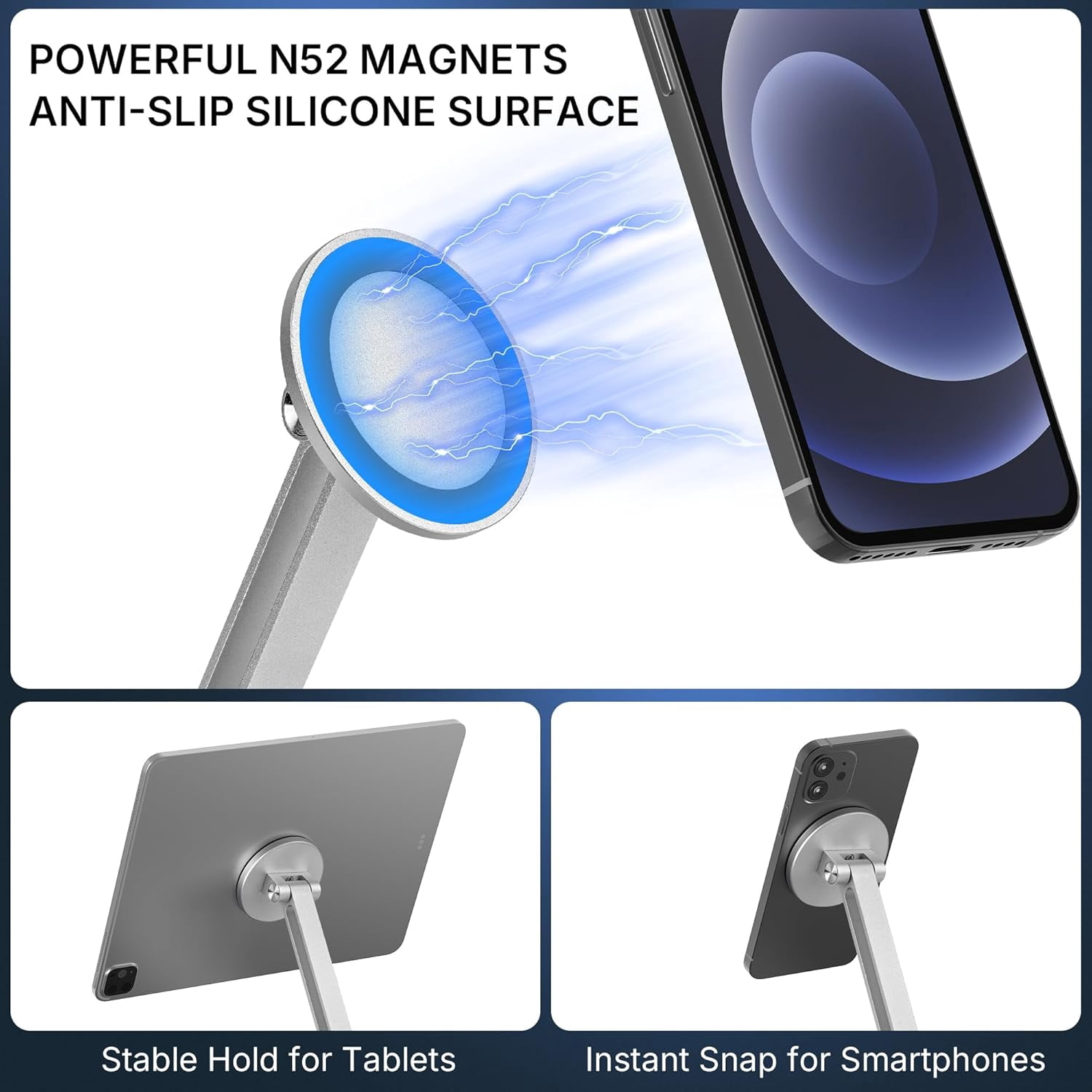 360° Rotating Magnetic Phone Stand for Desk, Adjustable Foldable Aluminum for Cell Phone Stand, Compatible with iPhone 17/16/15/14/13/12 Series and Android (Silver)